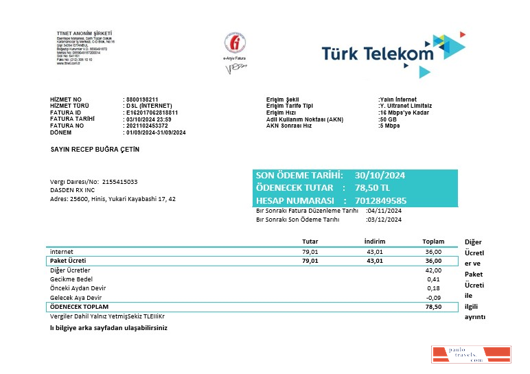 Turkey Turktelekom business utility bill template in Word and PDF formats, fully editable